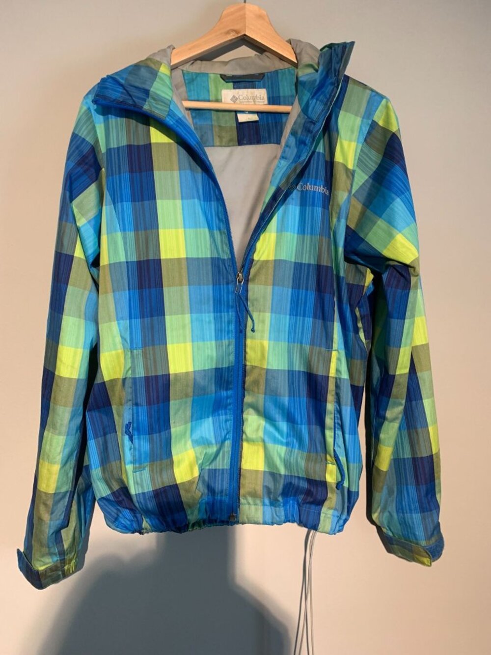 Columbia Sportswear Plaid Windbreaker Jacket Blue/Green Hooded Full Zip Small
